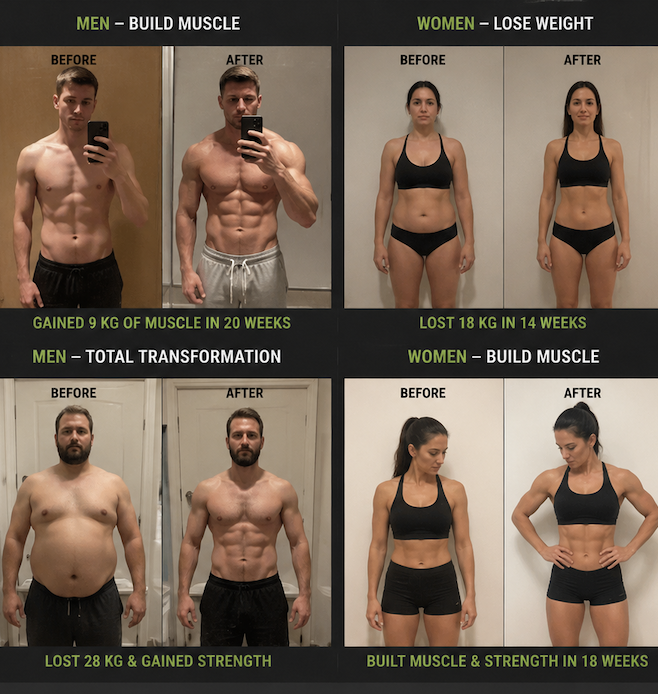 Four before-and-after transformations across muscle gain and weight loss for men and women