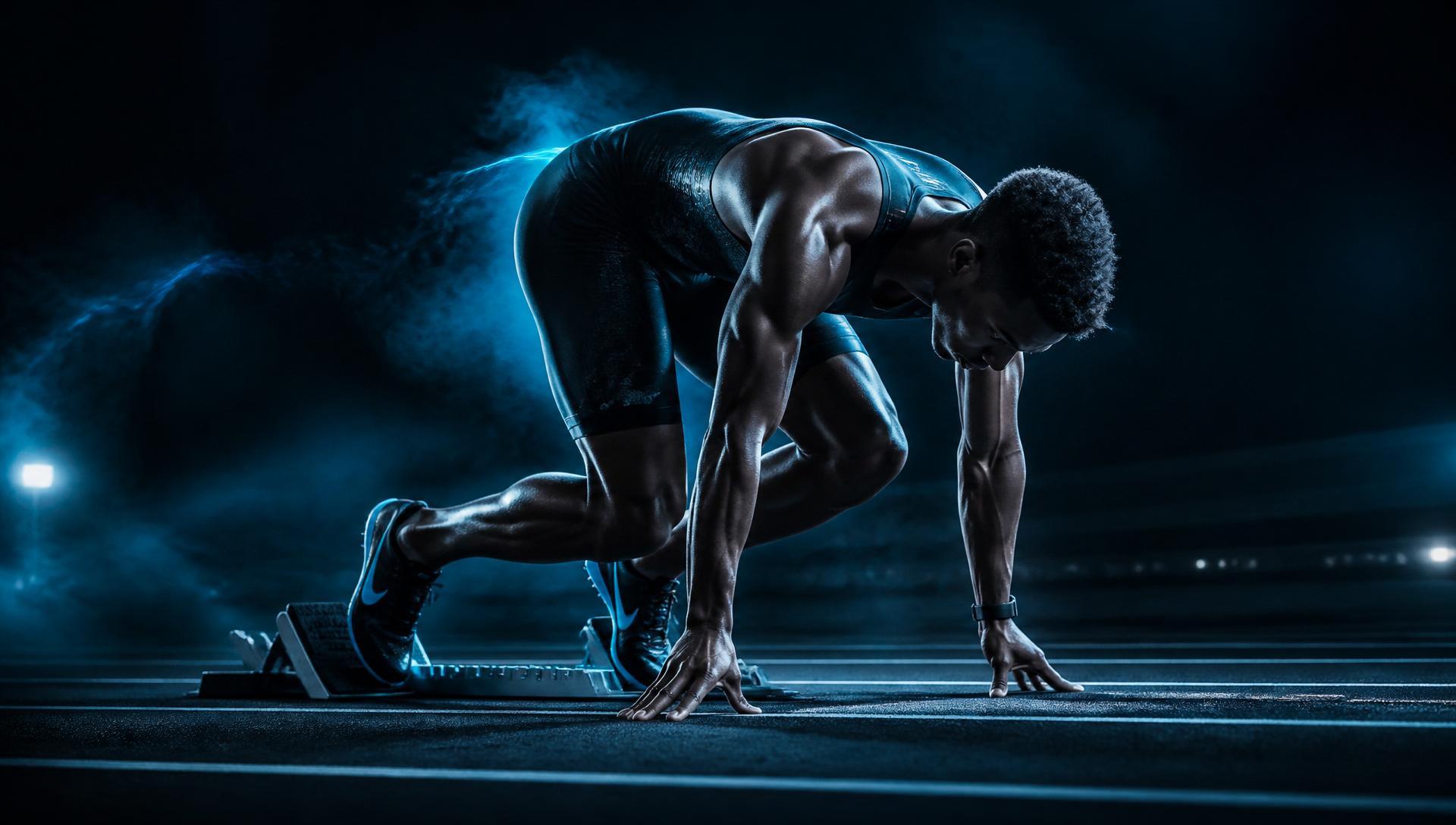 Elite sprinter exploding off the blocks under electric blue light